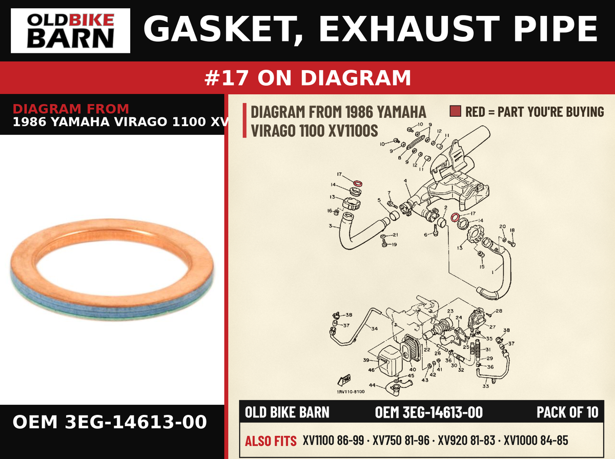 GASKET, EXHAUST PIPE OEM 3EG-14613-00 diagram #17 from 1986 YAMAHA VIRAGO 1100 XV1100S | Old Bike Barn