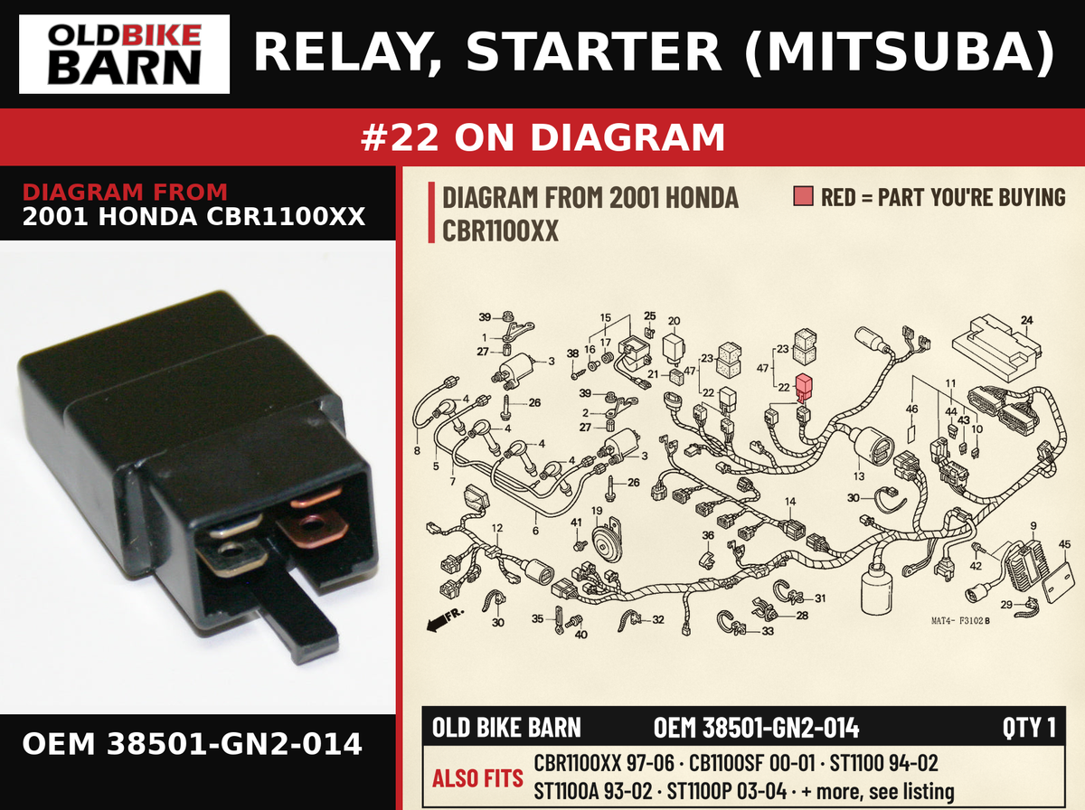 RELAY, STARTER (MITSUBA) OEM 38501-GN2-014 diagram #22 from 2001 HONDA CBR1100XX | Old Bike Barn