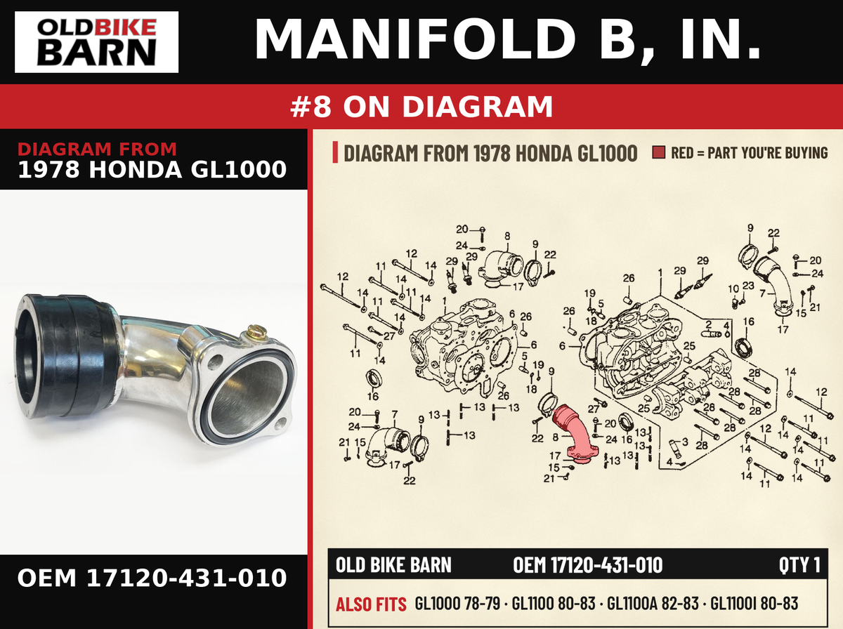 MANIFOLD B, IN. OEM 17120-431-010 diagram #8 from 1978 HONDA GL1000 | Old Bike Barn