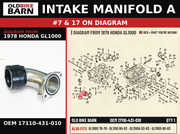 INTAKE MANIFOLD A OEM 17110-431-010 diagram #7 & 17 from 1978 HONDA GL1000 | Old Bike Barn