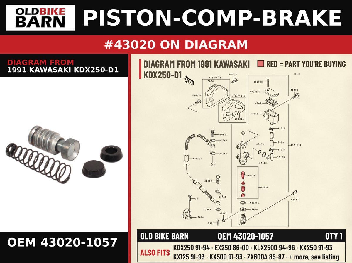 PISTON-COMP-BRAKE OEM 43020-1057 diagram #43020 from 1991 KAWASAKI KDX250-D1 | Old Bike Barn