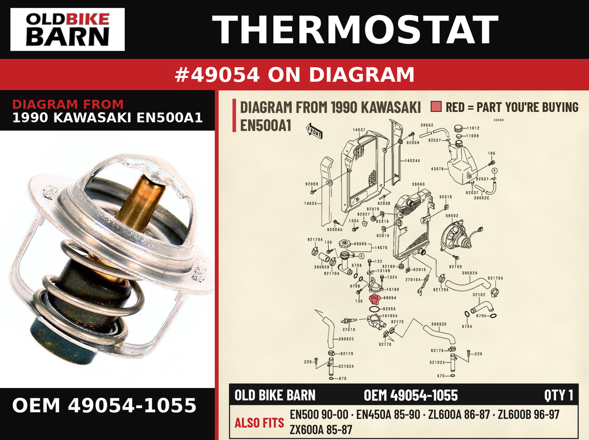 THERMOSTAT OEM 49054-1055 diagram #49054 from 1990 KAWASAKI EN500A1 | Old Bike Barn