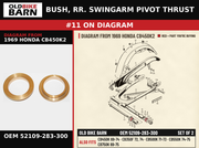 BUSH, RR. SWINGARM PIVOT THRUST OEM 52109-283-300 diagram #11 from 1969 HONDA CB450K2 | Old Bike Barn