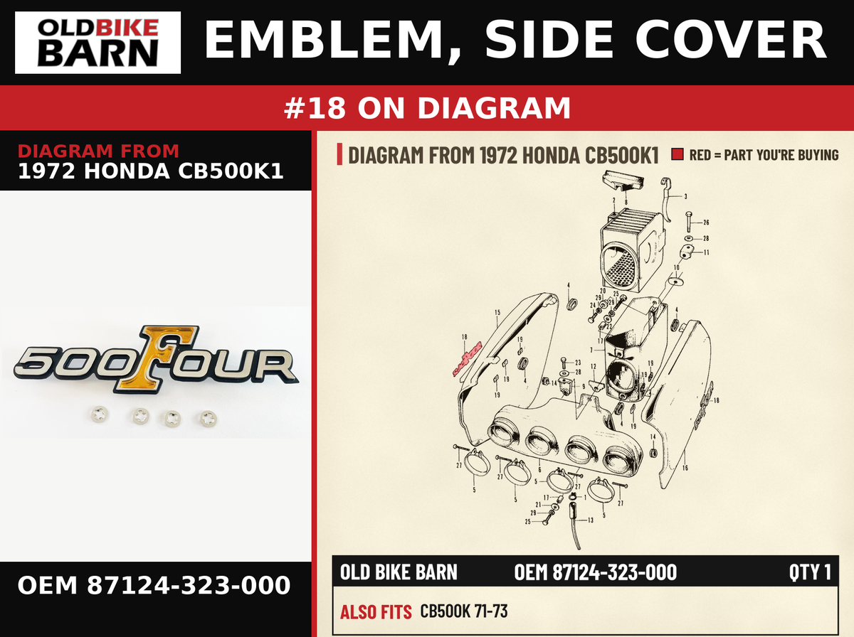 EMBLEM, SIDE COVER OEM 87124-323-000 diagram #18 from 1972 HONDA CB500K1 | Old Bike Barn