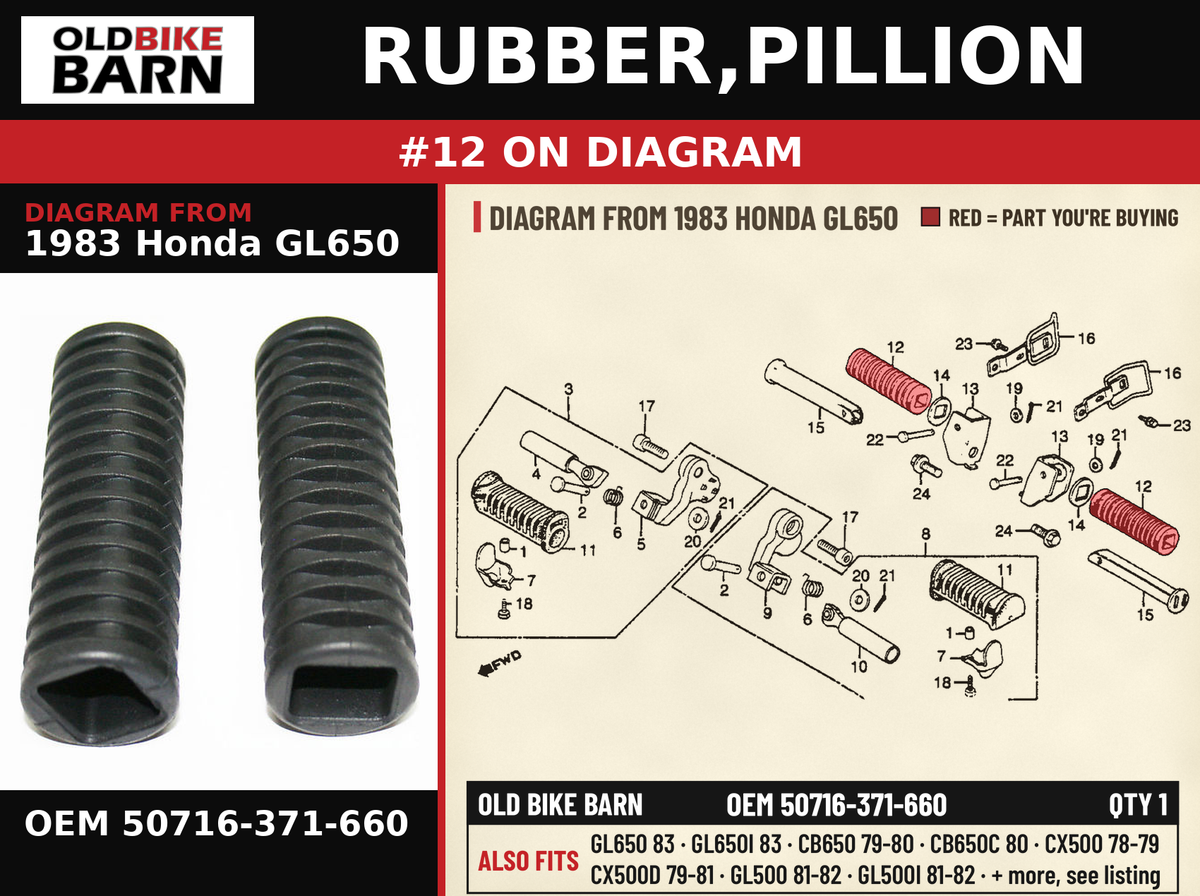 RUBBER,PILLION OEM 50716-371-660 diagram #12 from 1983 HONDA GL650 | Old Bike Barn
