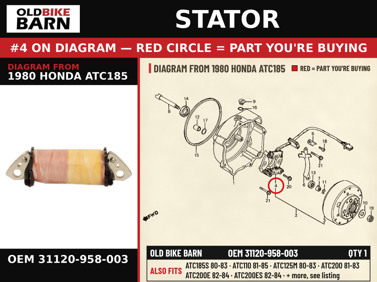 STATOR OEM 31120-958-003 diagram #4 from 1980 HONDA ATC185 | Old Bike Barn
