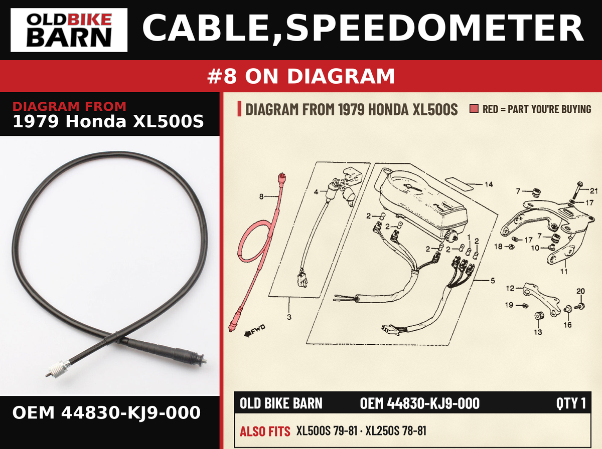 CABLE,SPEEDOMETER OEM 44830-KJ9-000 diagram #8 from 1979 HONDA XL500S | Old Bike Barn