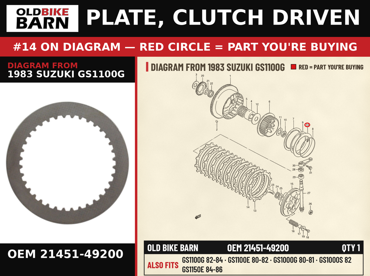 PLATE, CLUTCH DRIVEN OEM 21451-49200 diagram #14 from 1983 SUZUKI GS1100G | Old Bike Barn