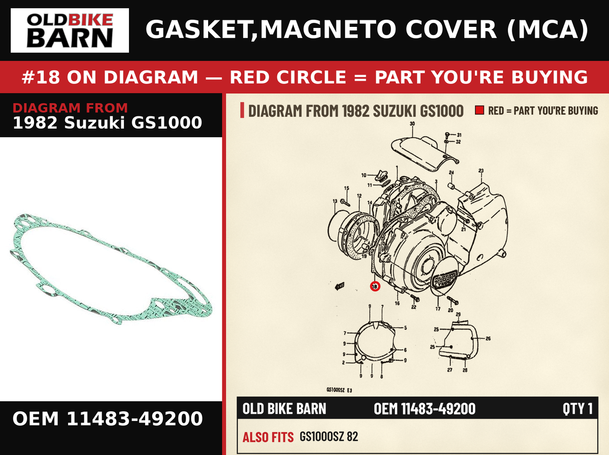 GASKET,MAGNETO COVER (MCA) OEM 11483-49200 diagram #18 from 1982 SUZUKI GS1000 | Old Bike Barn