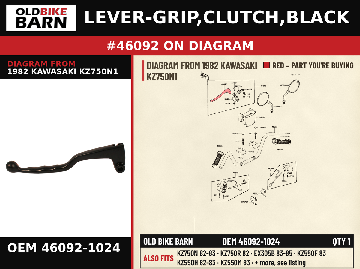 LEVER-GRIP,CLUTCH,BLACK OEM 46092-1024 diagram #46092 from 1982 KAWASAKI KZ750N1 | Old Bike Barn