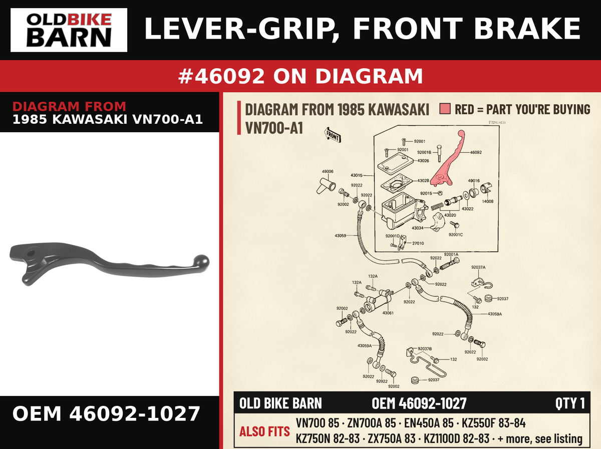 LEVER-GRIP, FRONT BRAKE OEM 46092-1027 diagram #46092 from 1985 KAWASAKI VN700-A1 | Old Bike Barn
