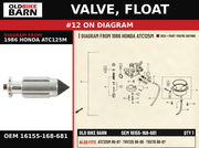 VALVE, FLOAT OEM 16155-168-681 diagram #12 from 1986 HONDA ATC125M | Old Bike Barn