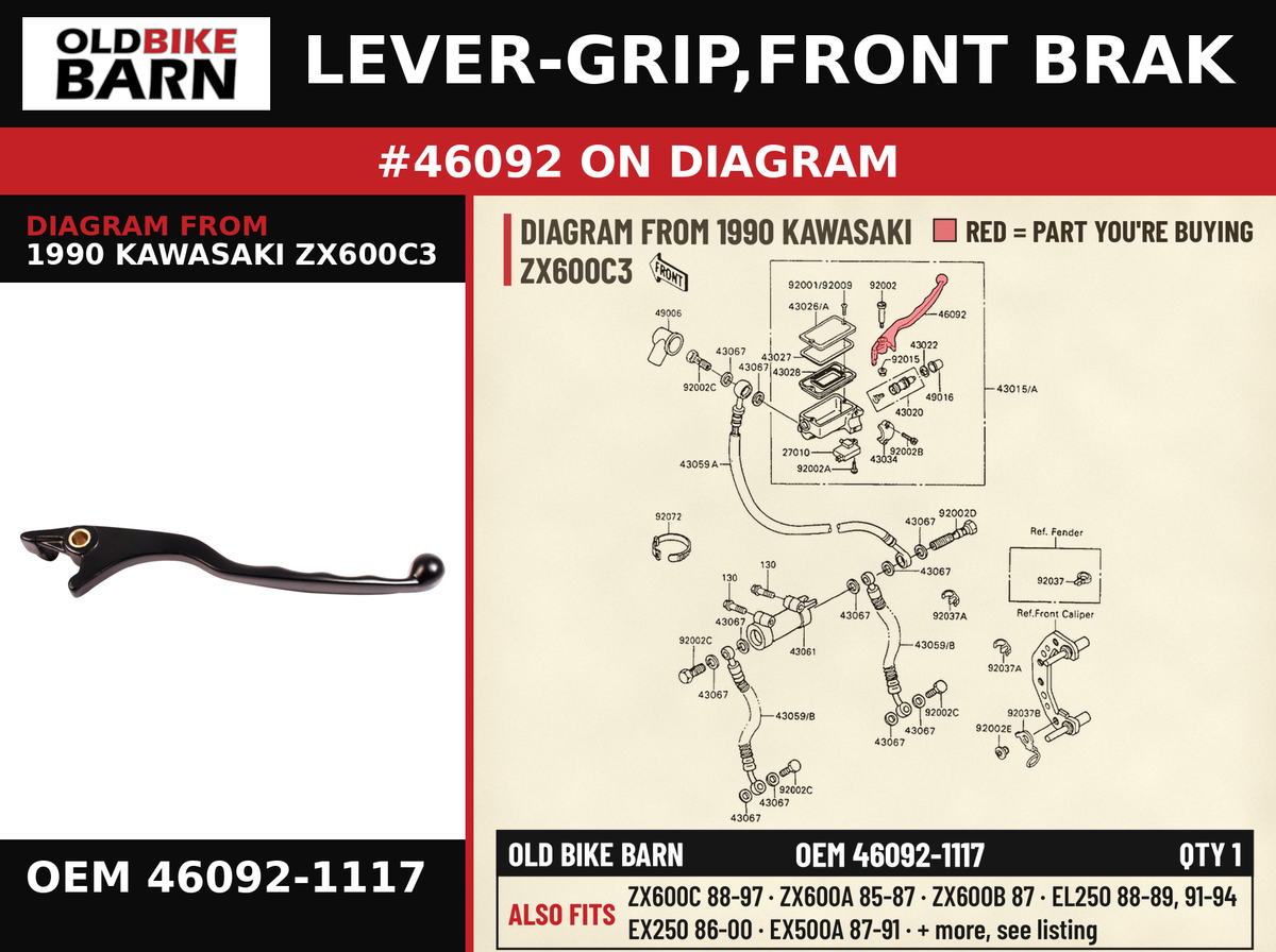 LEVER-GRIP,FRONT BRAK OEM 46092-1117 diagram #46092 from 1990 KAWASAKI ZX600C3 | Old Bike Barn