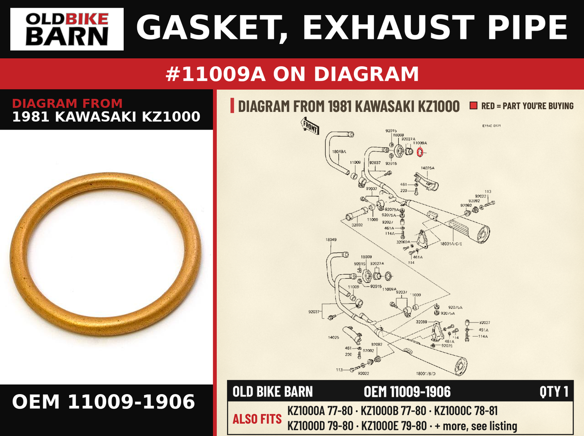 GASKET, EXHAUST PIPE OEM 11009-1906 diagram #11009A from 1981 KAWASAKI KZ1000 | Old Bike Barn