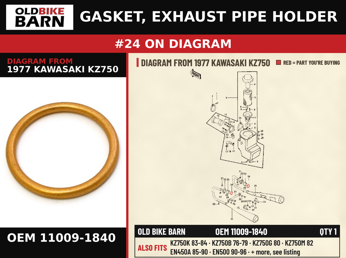 GASKET, EXHAUST PIPE HOLDER OEM 11009-1840 diagram #24 from 1977 KAWASAKI KZ750 | Old Bike Barn