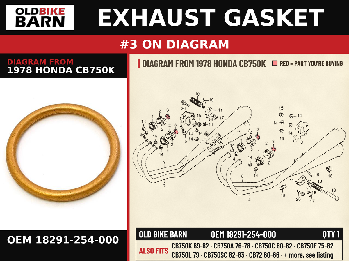 EXHAUST GASKET OEM 18291-254-000 diagram #3 from 1978 HONDA CB750K | Old Bike Barn