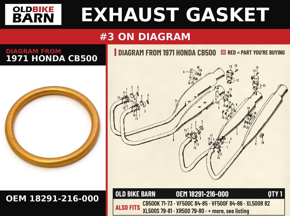 EXHAUST GASKET OEM 18291-216-000 diagram #3 from 1971 HONDA CB500 | Old Bike Barn