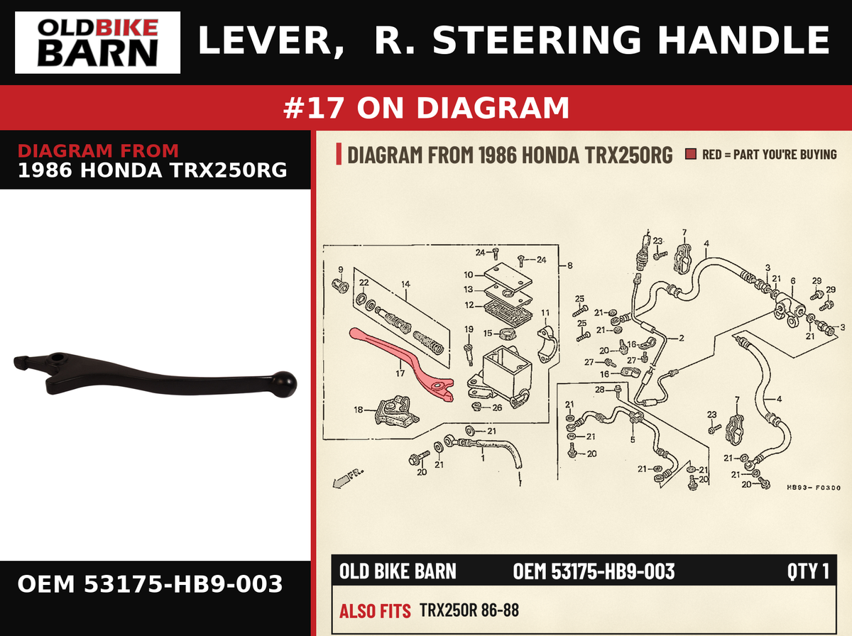 LEVER,  R. STEERING HANDLE OEM 53175-HB9-003 diagram #17 from 1986 HONDA TRX250RG | Old Bike Barn