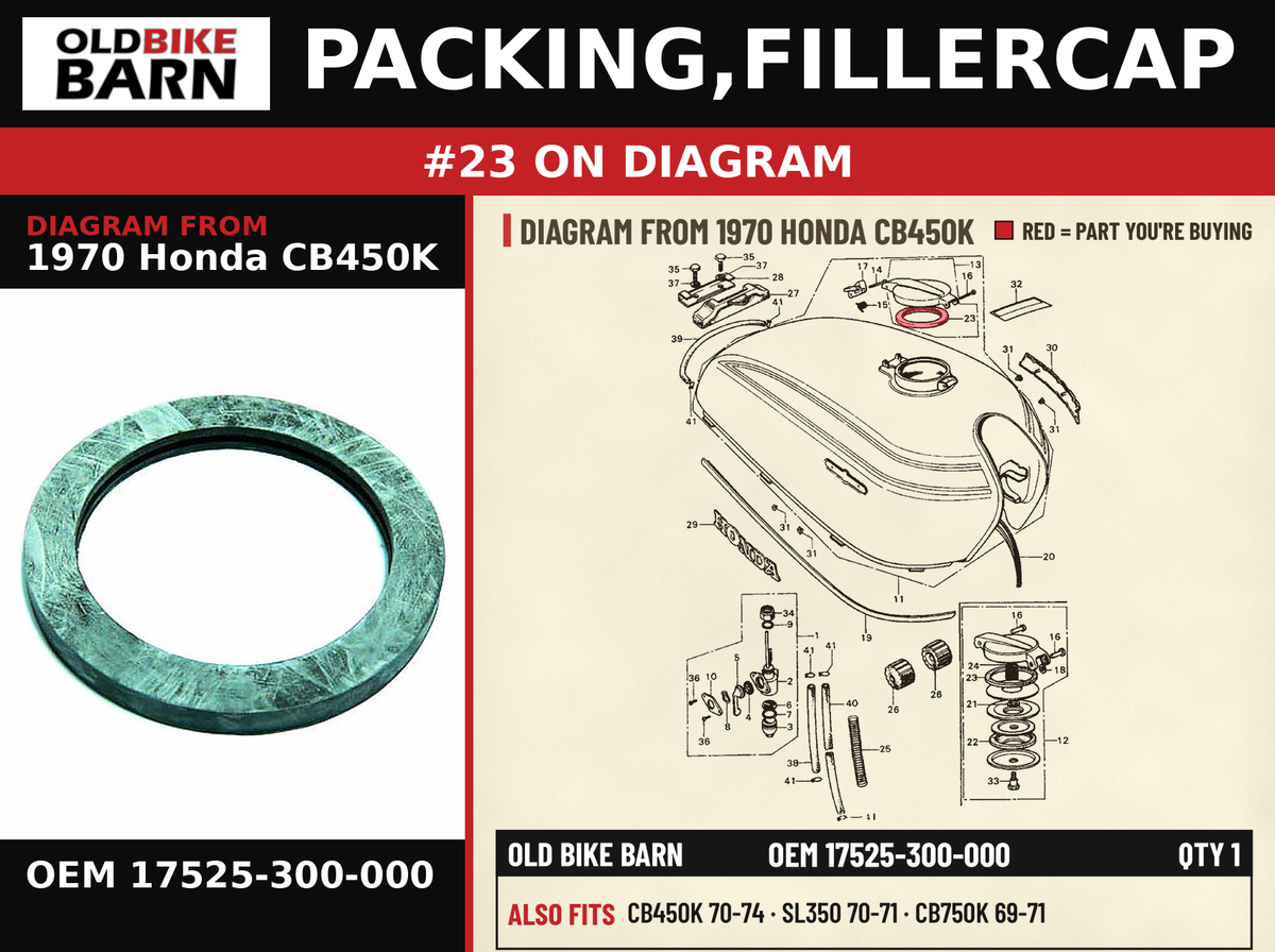 PACKING,FILLERCAP OEM 17525-300-000 diagram #23 from 1970 HONDA CB450K | Old Bike Barn