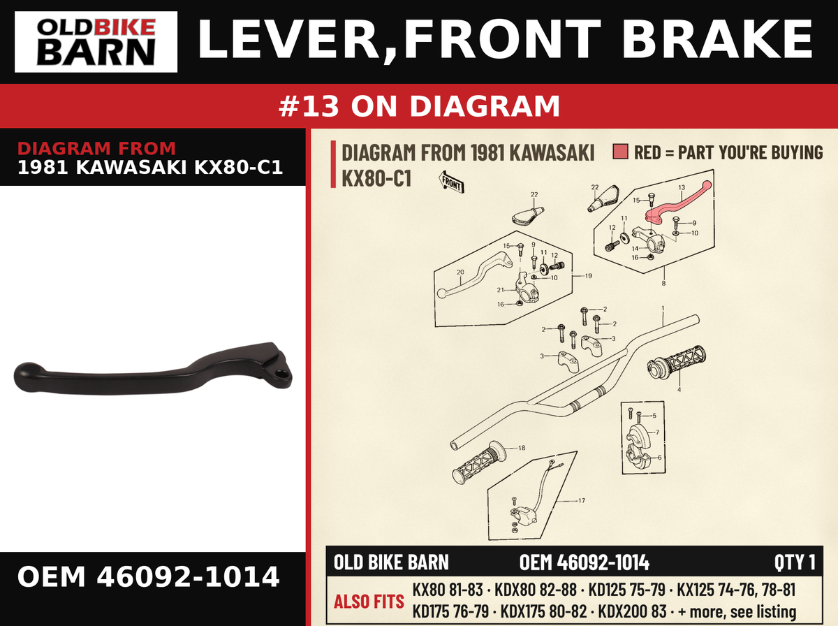 LEVER,FRONT BRAKE OEM 46092-1014 diagram #13 from 1981 KAWASAKI KX80-C1 | Old Bike Barn