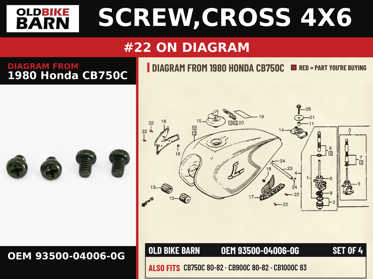 SCREW,CROSS 4X6 OEM 93500-04006-0G diagram #22 from 1980 HONDA CB750C | Old Bike Barn