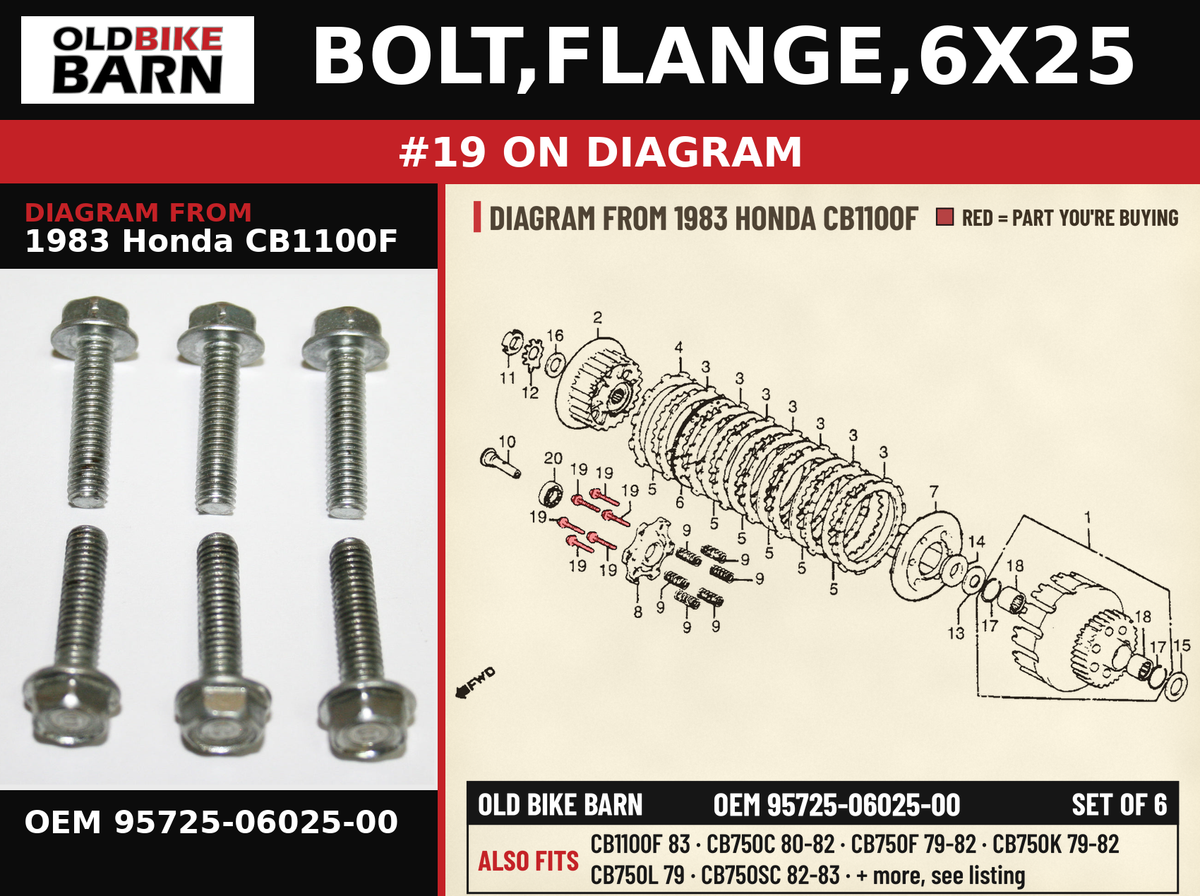 BOLT,FLANGE,6X25 OEM 95725-06025-00 diagram #19 from 1983 HONDA CB1100F | Old Bike Barn