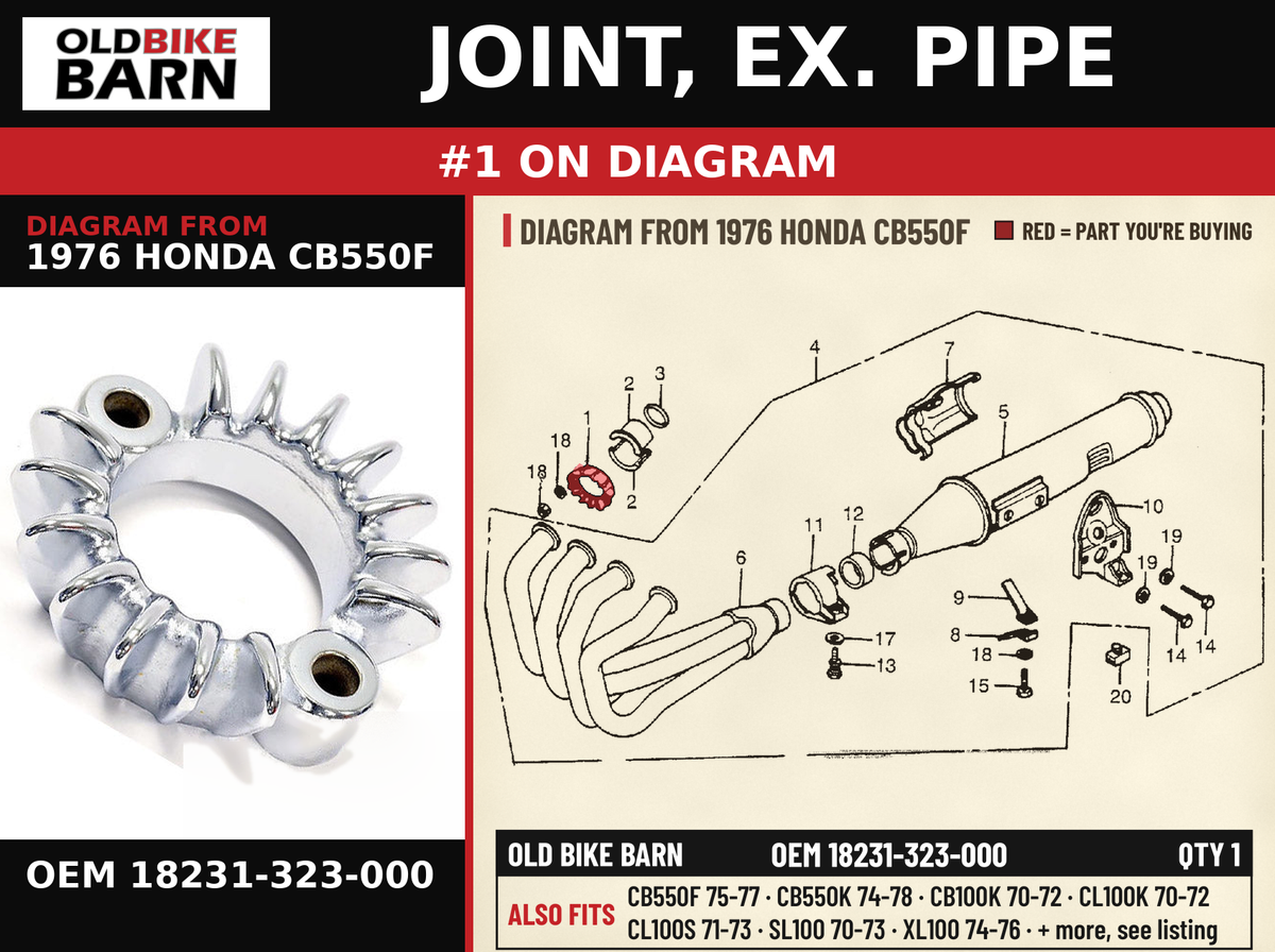 JOINT, EX. PIPE OEM 18231-323-000 diagram #1 from 1976 HONDA CB550F | Old Bike Barn