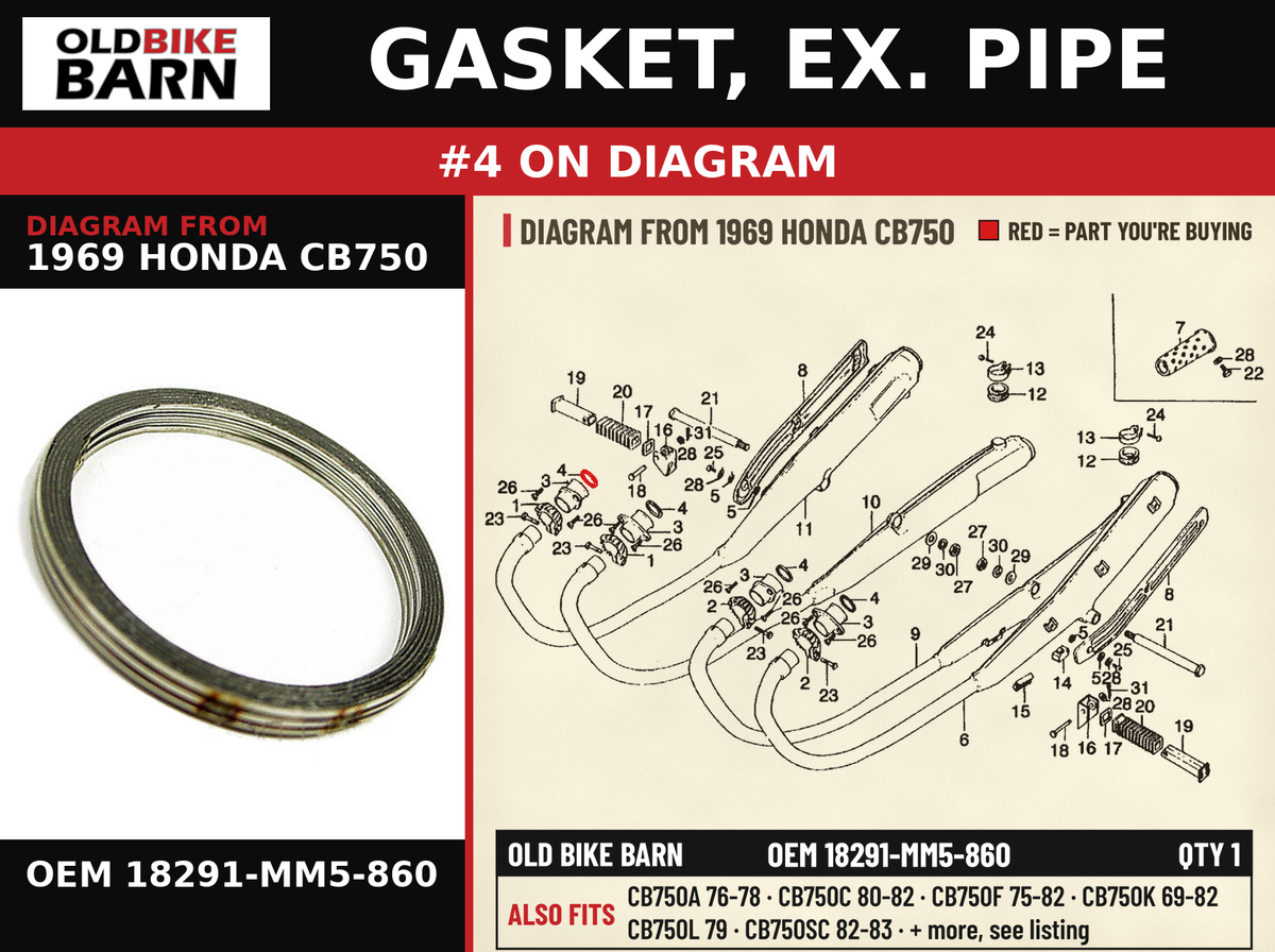GASKET, EX. PIPE OEM 18291-MM5-860 diagram #4 from 1969 HONDA CB750 | Old Bike Barn