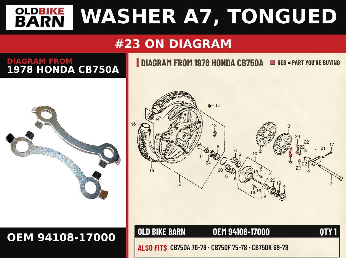 WASHER A7, TONGUED OEM 94108-17000 diagram #23 from 1978 HONDA CB750A | Old Bike Barn