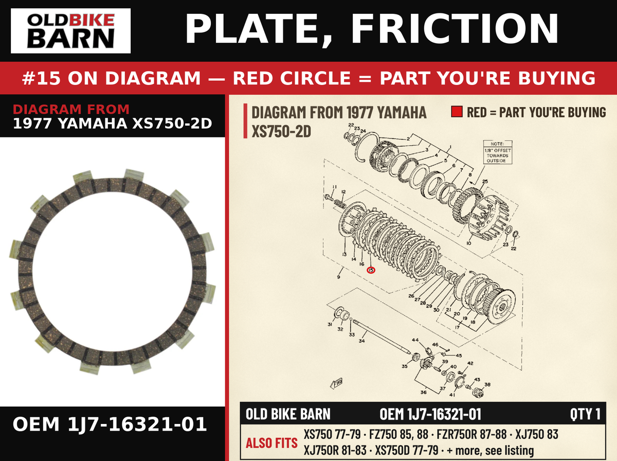 PLATE, FRICTION OEM 1J7-16321-01 diagram #15 from 1977 YAMAHA XS750-2D | Old Bike Barn