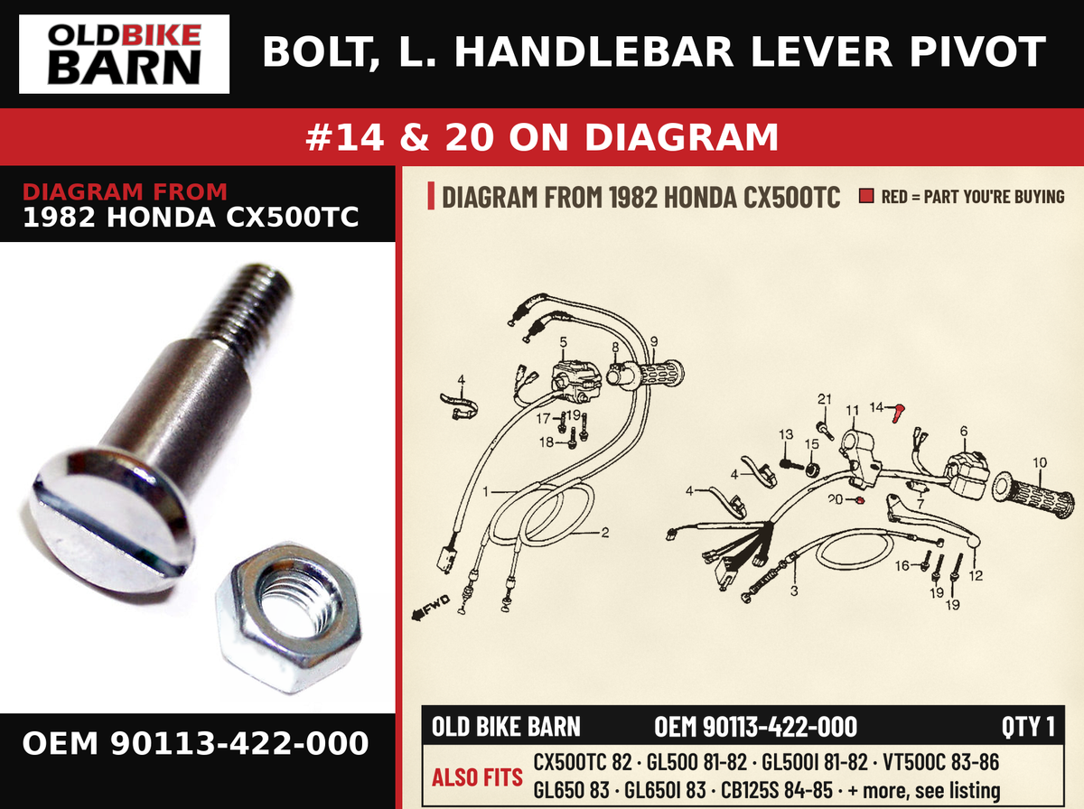 BOLT, L. HANDLEBAR LEVER PIVOT OEM 90113-422-000 diagram #14 & 20 from 1982 HONDA CX500TC | Old Bike Barn