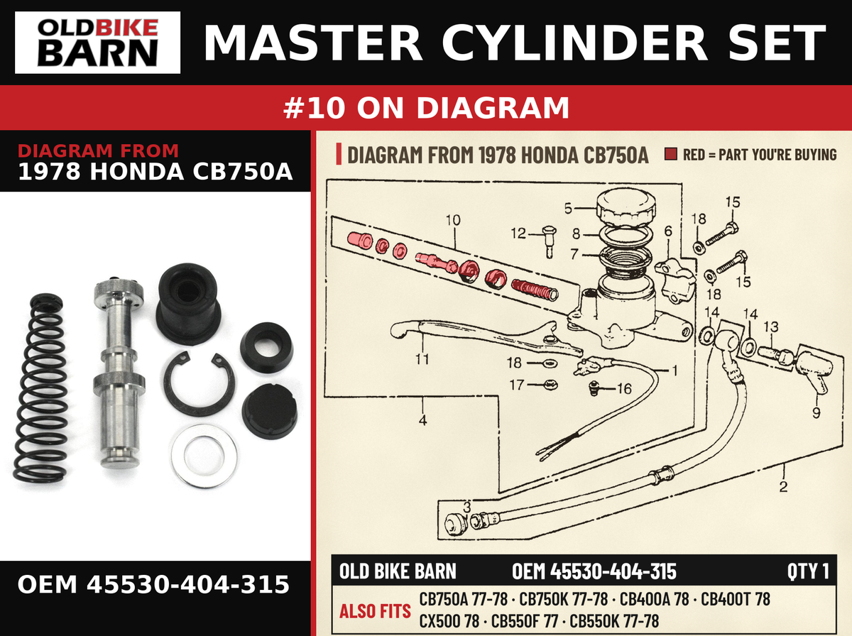 MASTER CYLINDER SET OEM 45530-404-315 diagram #10 from 1978 HONDA CB750A | Old Bike Barn