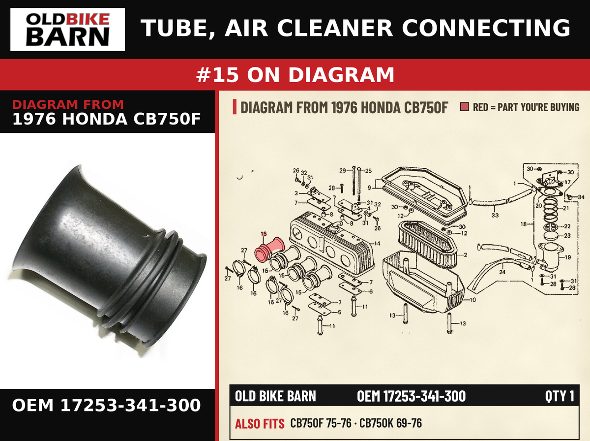 TUBE, AIR CLEANER CONNECTING OEM 17253-341-300 diagram #15 from 1976 HONDA CB750F | Old Bike Barn