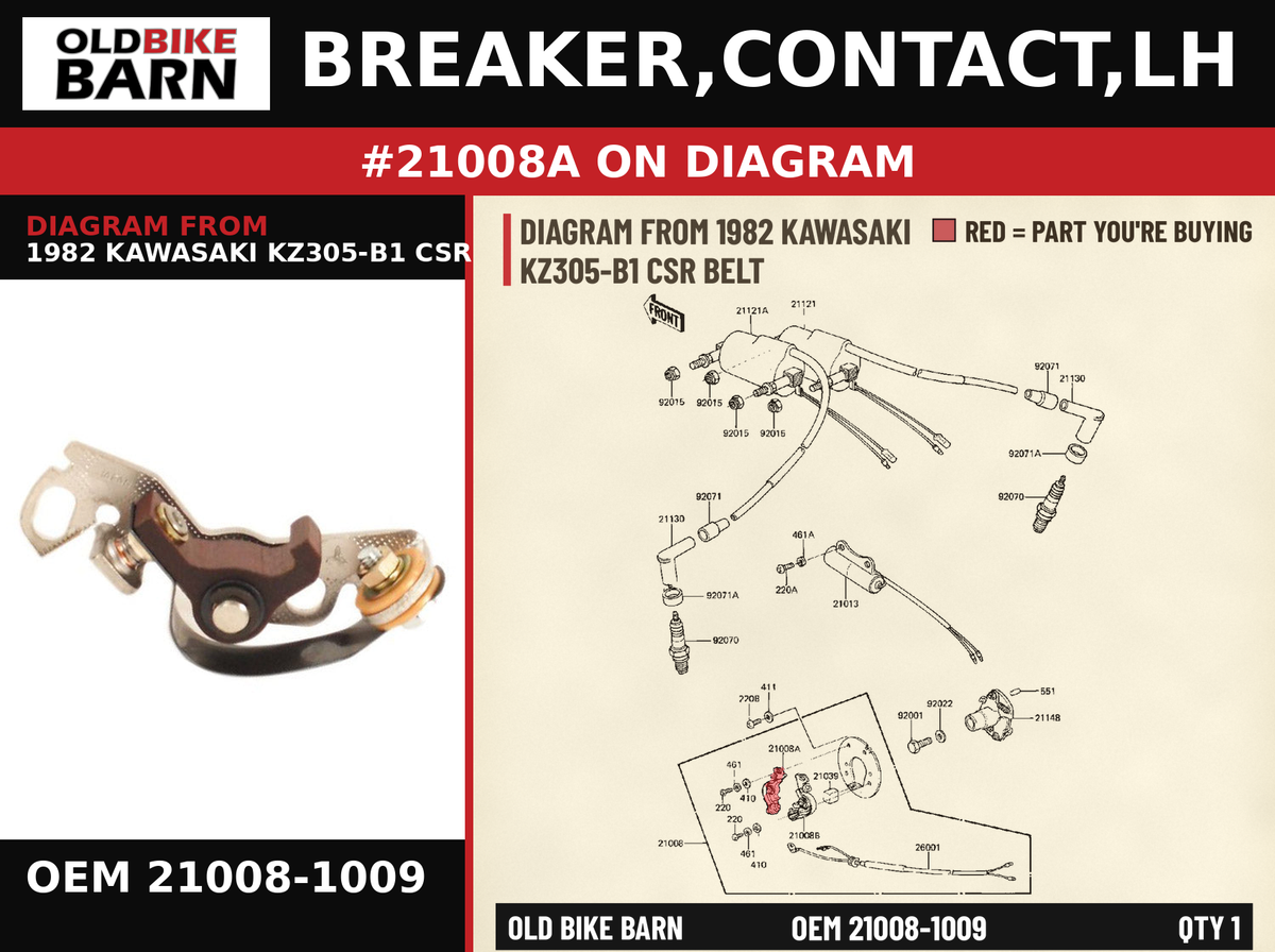 BREAKER,CONTACT,LH OEM 21008-1009 diagram #21008A from 1982 KAWASAKI KZ305-B1 CSR BELT | Old Bike Barn