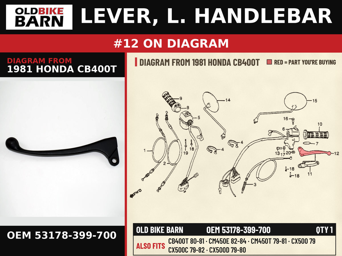 LEVER, L. HANDLEBAR OEM 53178-399-700 diagram #12 from 1981 HONDA CB400T | Old Bike Barn