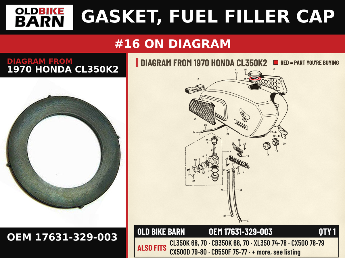 GASKET, FUEL FILLER CAP OEM 17631-329-003 diagram #16 from 1970 HONDA CL350K2 | Old Bike Barn
