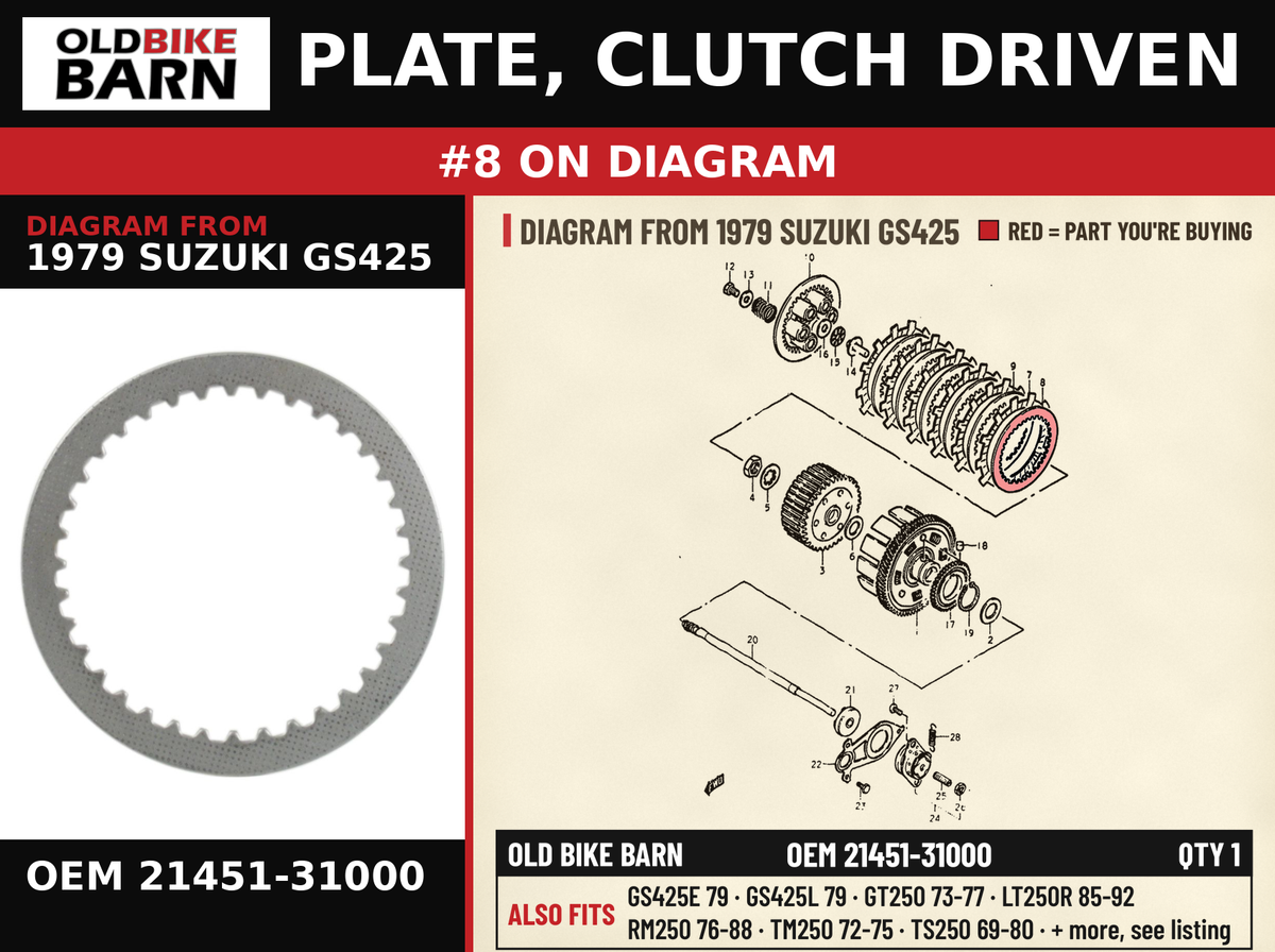 PLATE, CLUTCH DRIVEN OEM 21451-31000 diagram #8 from 1979 SUZUKI GS425 | Old Bike Barn