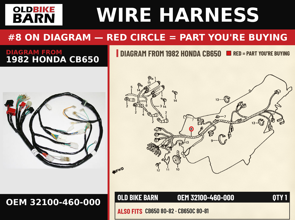 WIRE HARNESS OEM 32100-460-000 diagram #8 from 1982 HONDA CB650 | Old Bike Barn