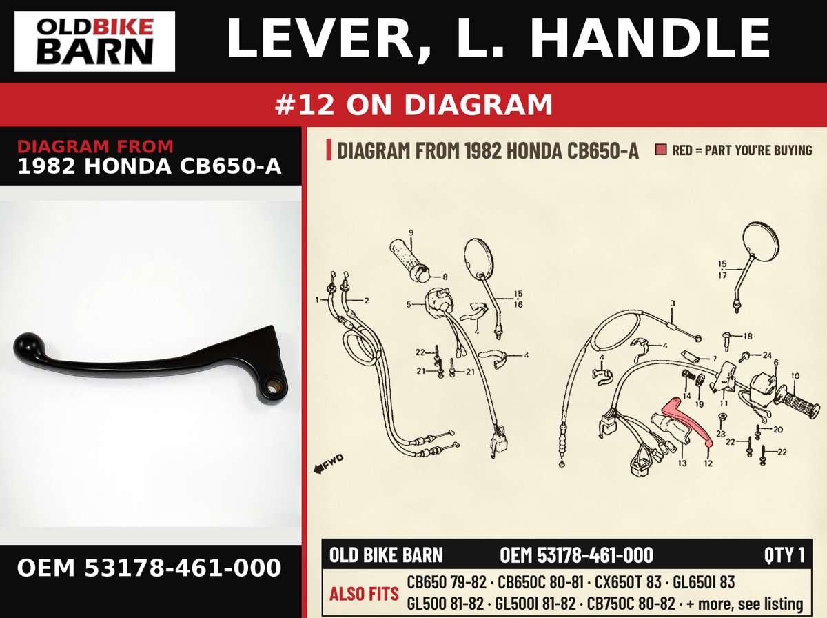 LEVER, L. HANDLE OEM 53178-461-000 diagram #12 from 1982 HONDA CB650-A | Old Bike Barn