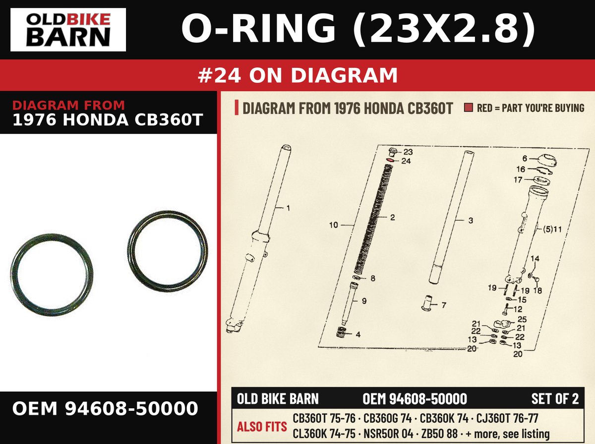 O-RING (23X2.8) OEM 94608-50000 diagram #24 from 1976 HONDA CB360T | Old Bike Barn