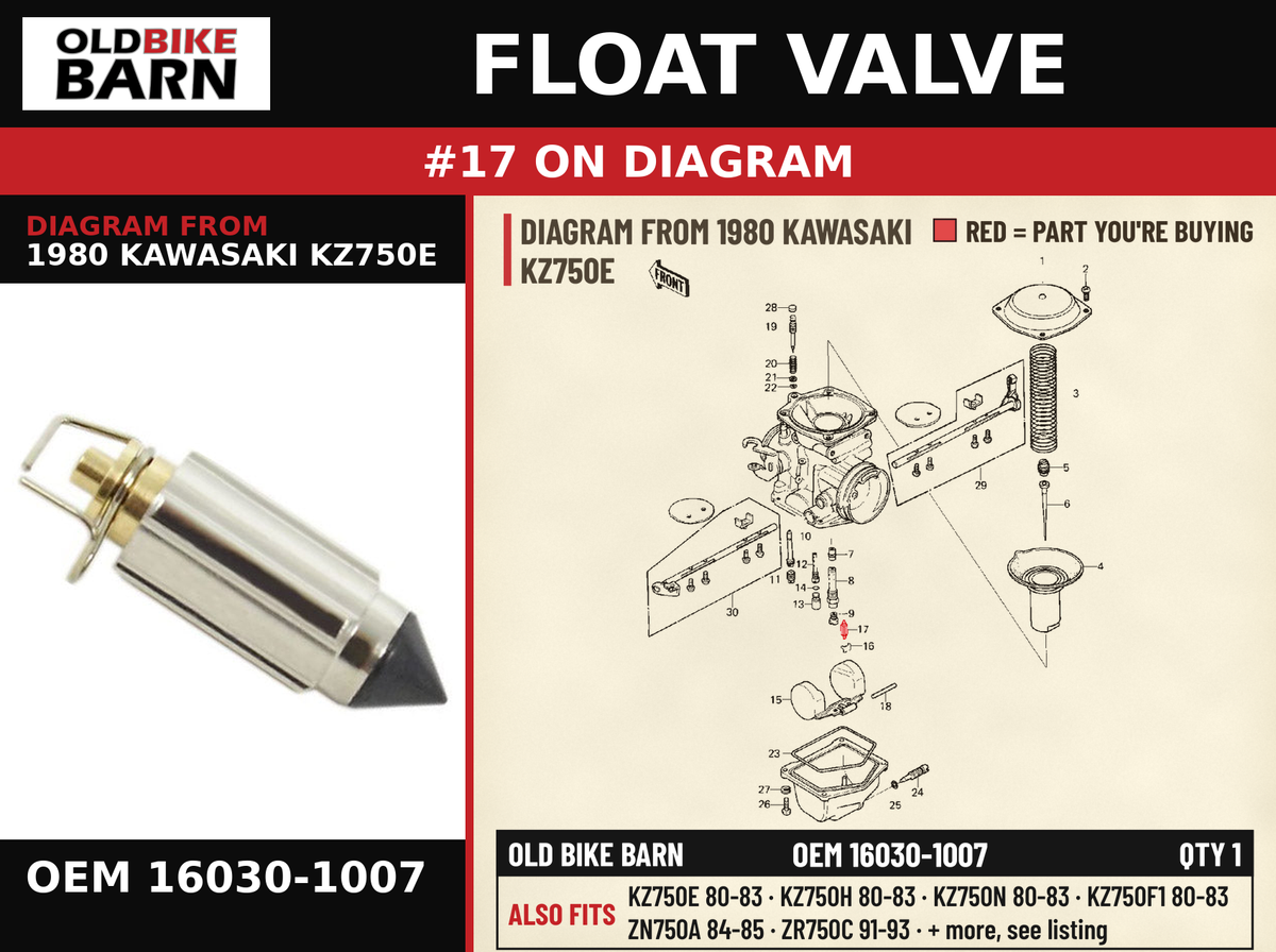 FLOAT VALVE OEM 16030-1007 diagram #17 from 1980 KAWASAKI KZ750E | Old Bike Barn