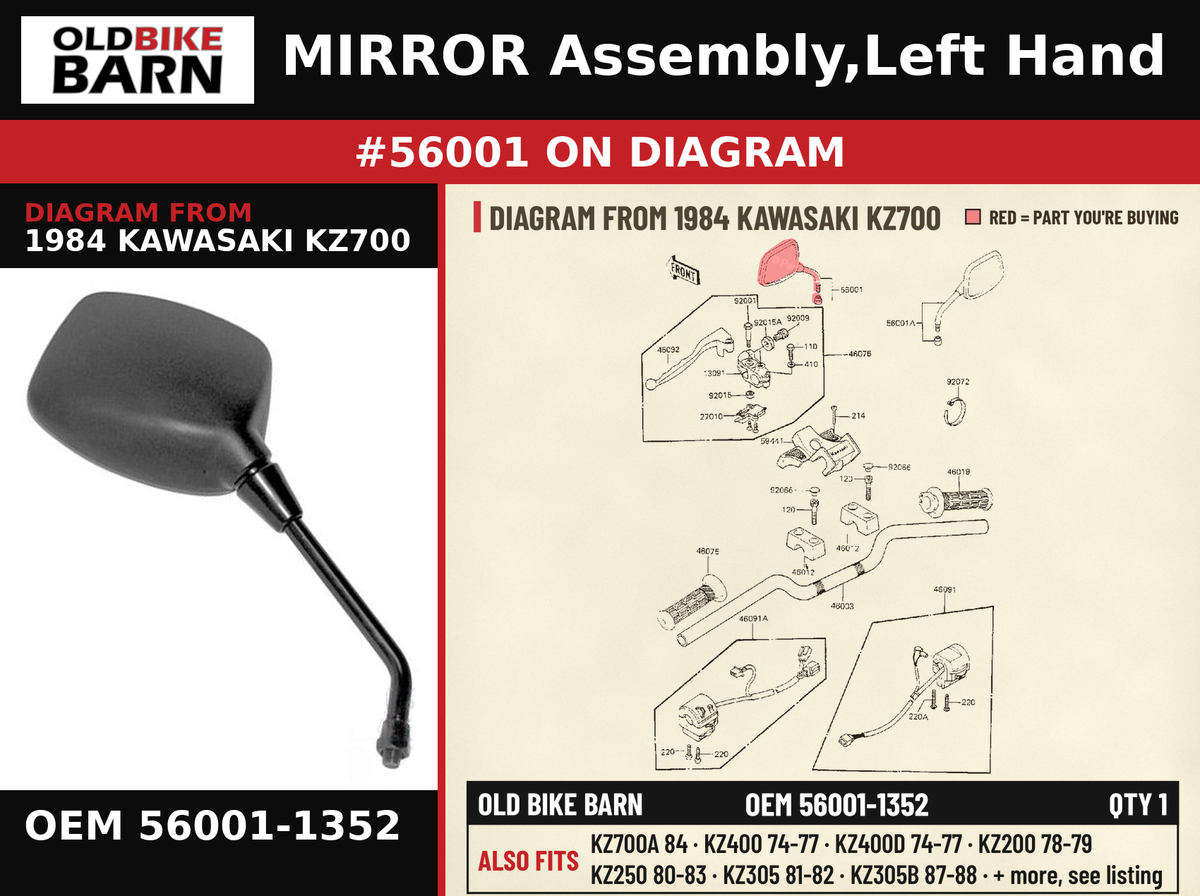 MIRROR Assembly,Left Hand OEM 56001-1352 diagram #56001 from 1984 KAWASAKI KZ700 | Old Bike Barn