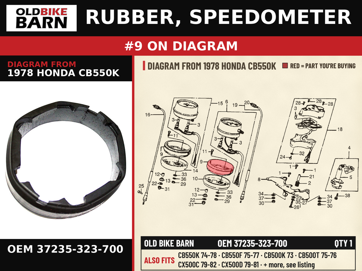 RUBBER, SPEEDOMETER OEM 37235-323-700 diagram #9 from 1978 HONDA CB550K | Old Bike Barn