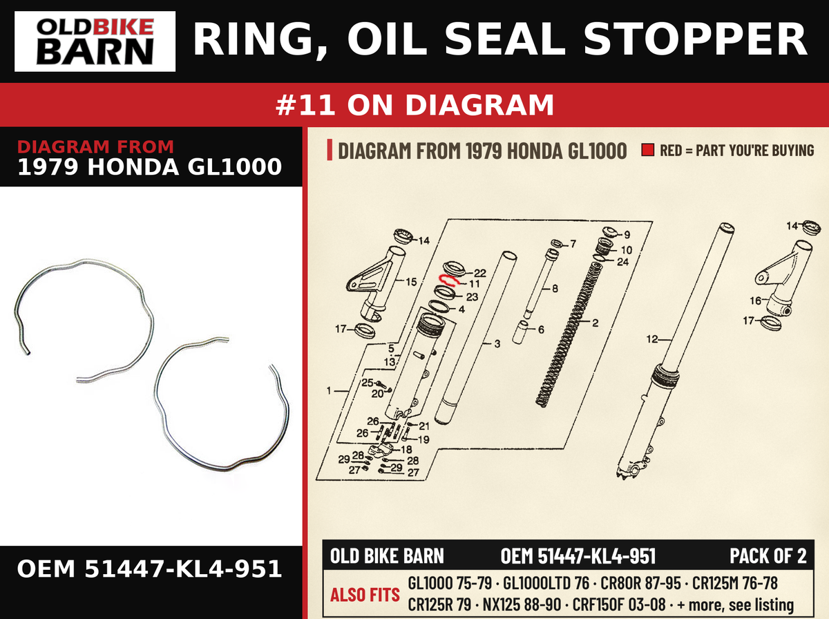 RING, OIL SEAL STOPPER OEM 51447-KL4-951 diagram #11 from 1979 HONDA GL1000 | Old Bike Barn
