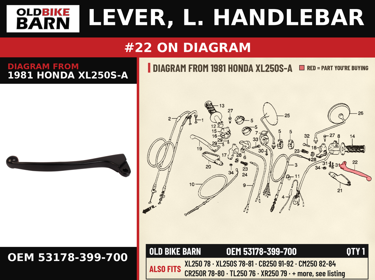 LEVER, L. HANDLEBAR OEM 53178-399-700 diagram #22 from 1981 HONDA XL250S-A | Old Bike Barn