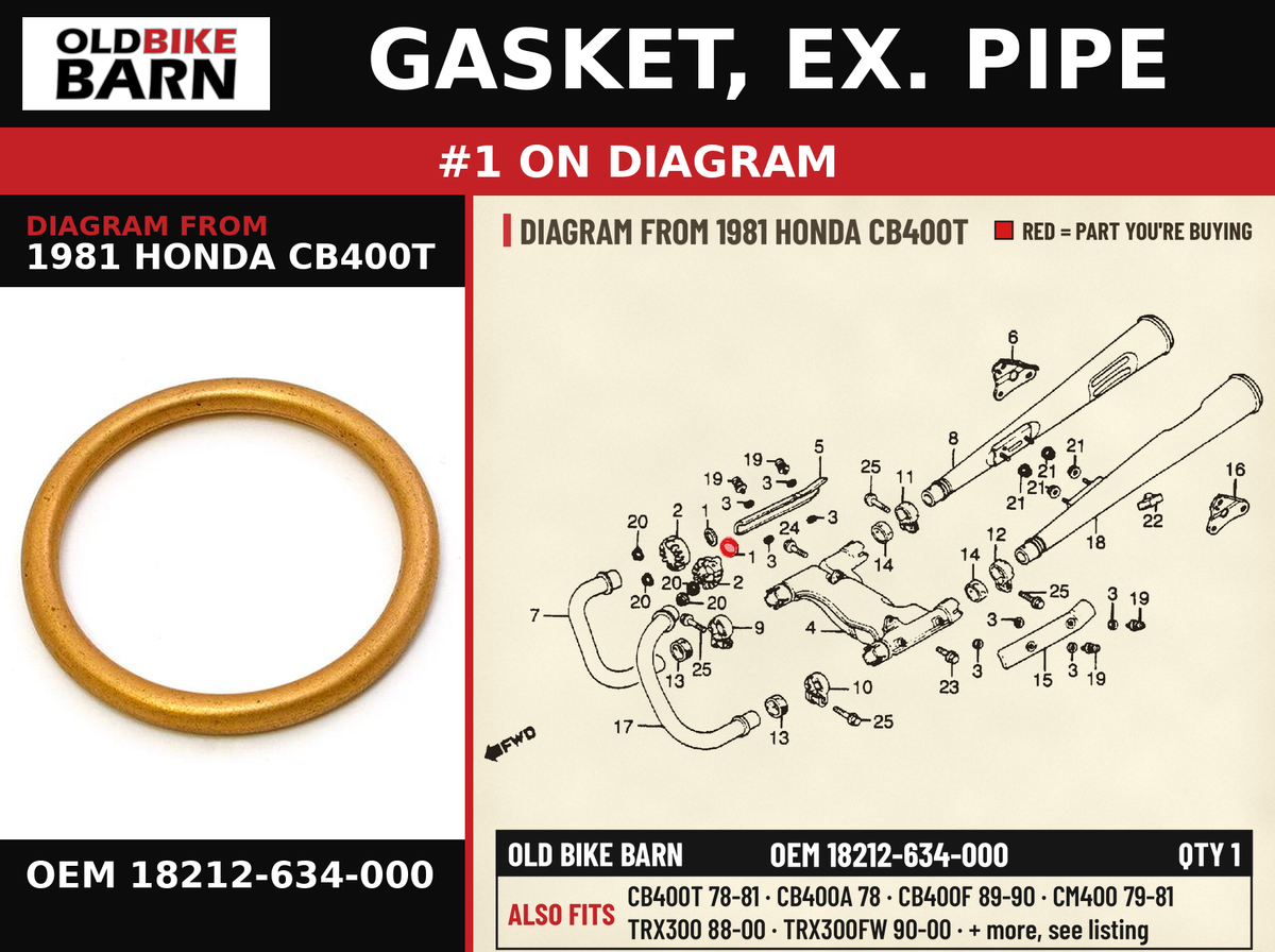 GASKET, EX. PIPE OEM 18212-634-000 diagram #1 from 1981 HONDA CB400T | Old Bike Barn