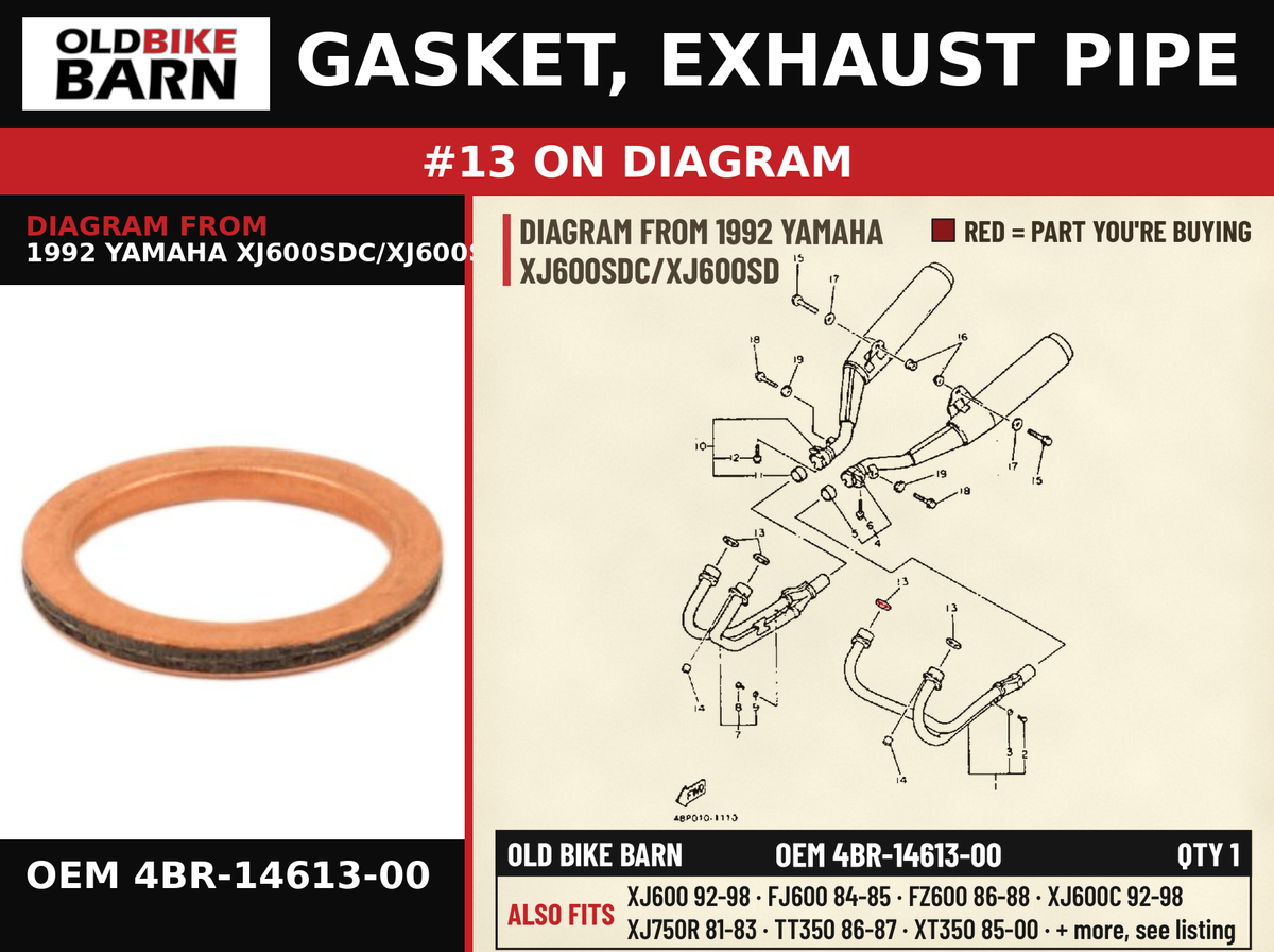 GASKET, EXHAUST PIPE OEM 4BR-14613-00 diagram #13 from 1992 YAMAHA XJ600SDC/XJ600SD | Old Bike Barn