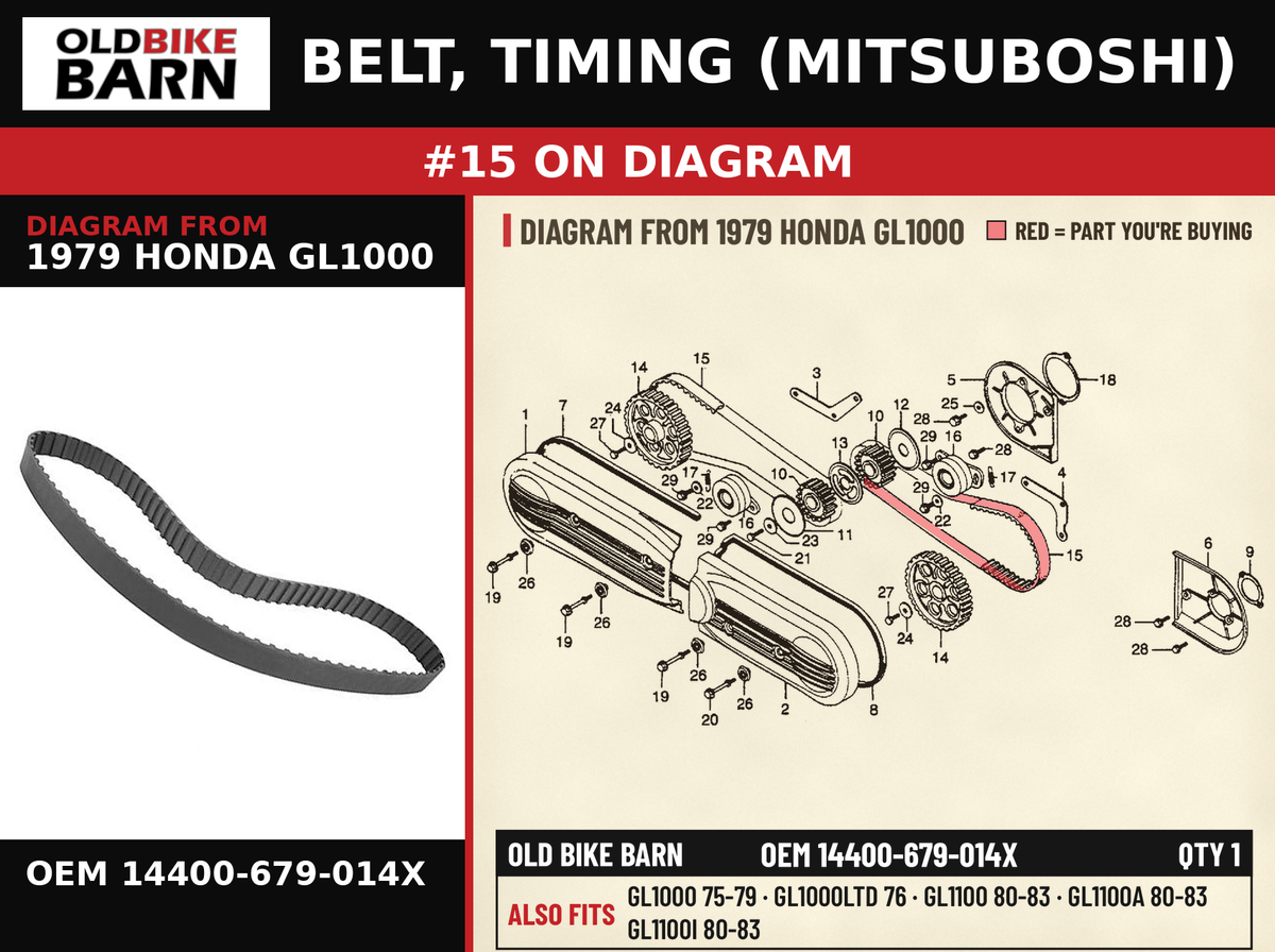 BELT, TIMING (MITSUBOSHI) OEM 14400-679-014X diagram #15 from 1979 HONDA GL1000 | Old Bike Barn