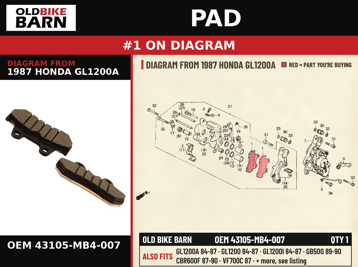 PAD OEM 43105-MB4-007 diagram #1 from 1987 HONDA GL1200A | Old Bike Barn