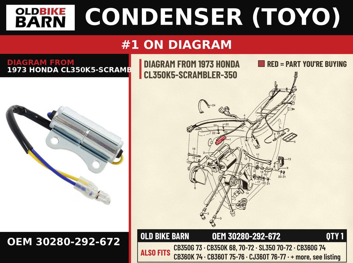 CONDENSER (TOYO) OEM 30280-292-672 diagram #1 from 1973 HONDA CL350K5-SCRAMBLER-350 | Old Bike Barn
